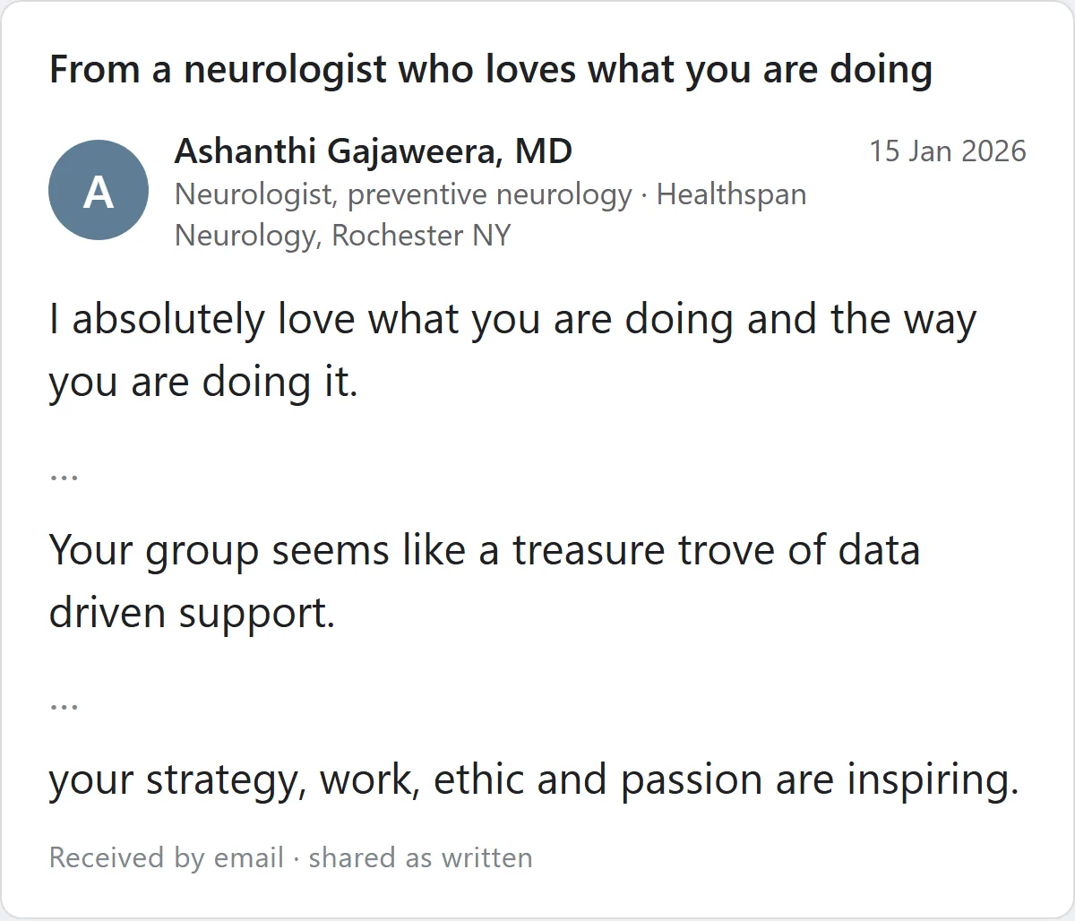 Email from Dr. Ashanthi Gajaweera, preventive neurologist, about Phoenix