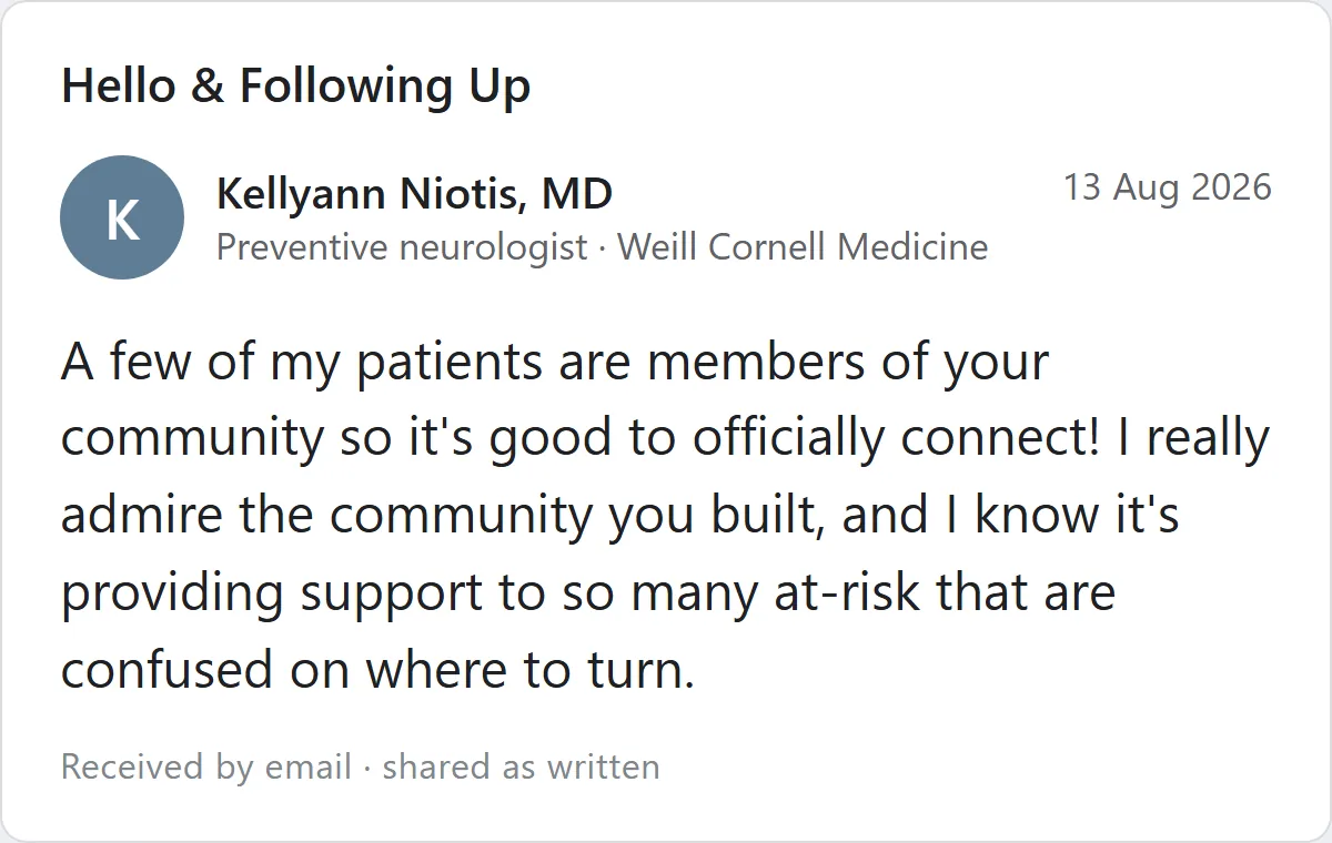 Email from Dr. Kellyann Niotis, preventive neurologist, about Phoenix