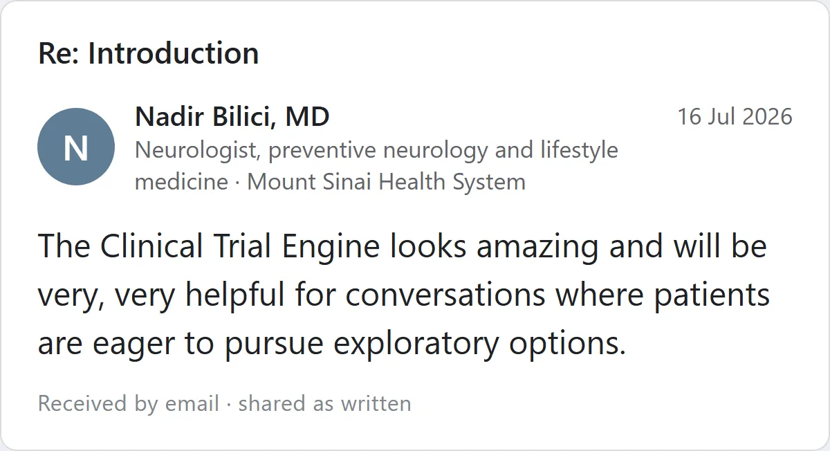 Email from Dr. Nadir Bilici, neurologist, preventive neurology and lifestyle medicine, about Phoenix