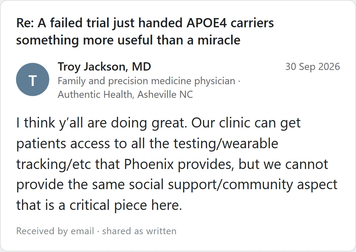 Email from Dr. Troy Jackson, family and precision medicine physician, about Phoenix
