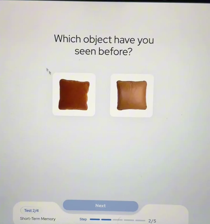 The PREMAZ test screen showing the question 'Which object have you seen before?' with two nearly identical brown cushions, and the app's progress bar reading Test 2 of 4, Short-Term Memory, Step 2 of 5